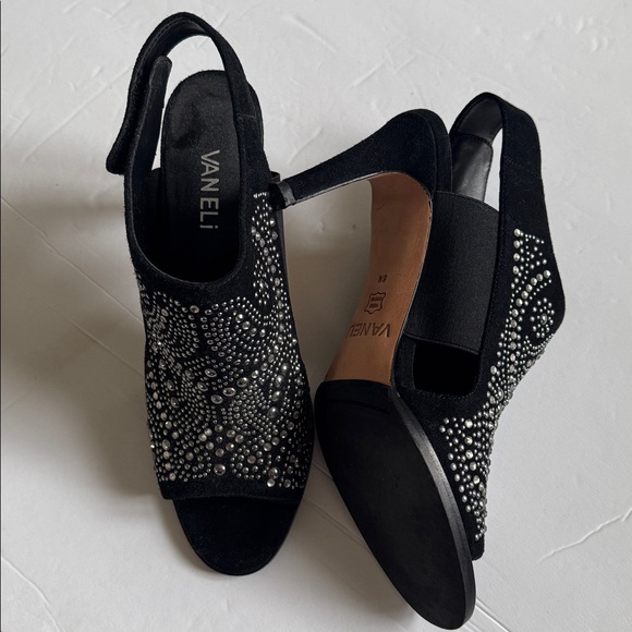 VANELI Beaded Bling Velvet Open Toe Black High Heels Velcro Strap Size 8 Narrow main image 6
